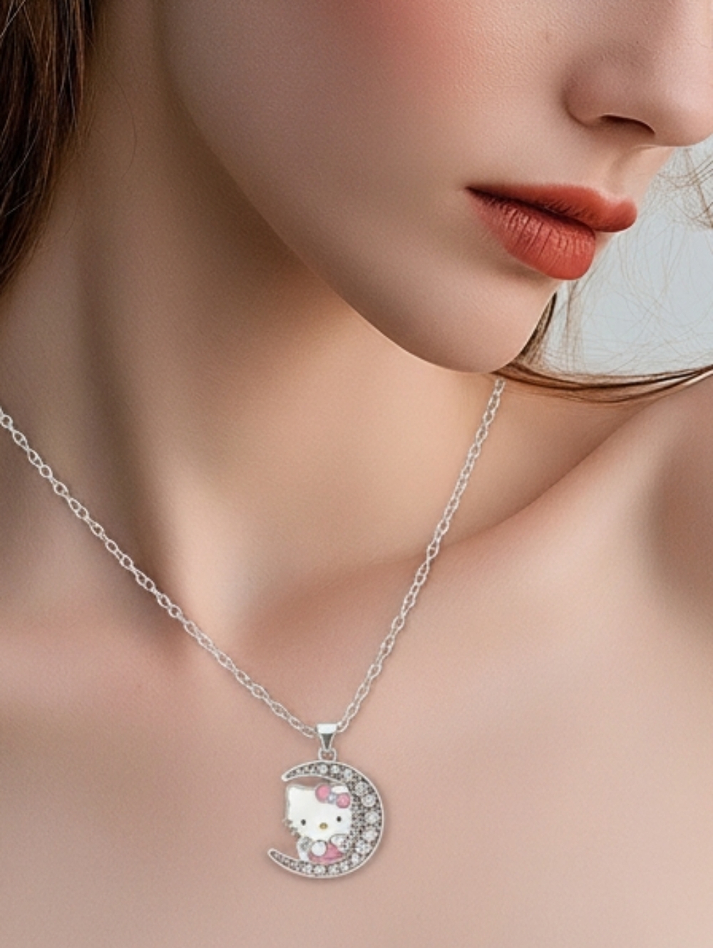 Hello Kitty Moon Necklace Rhinestone Pink Bow Pendant Silver Kawaii Coquette 24"